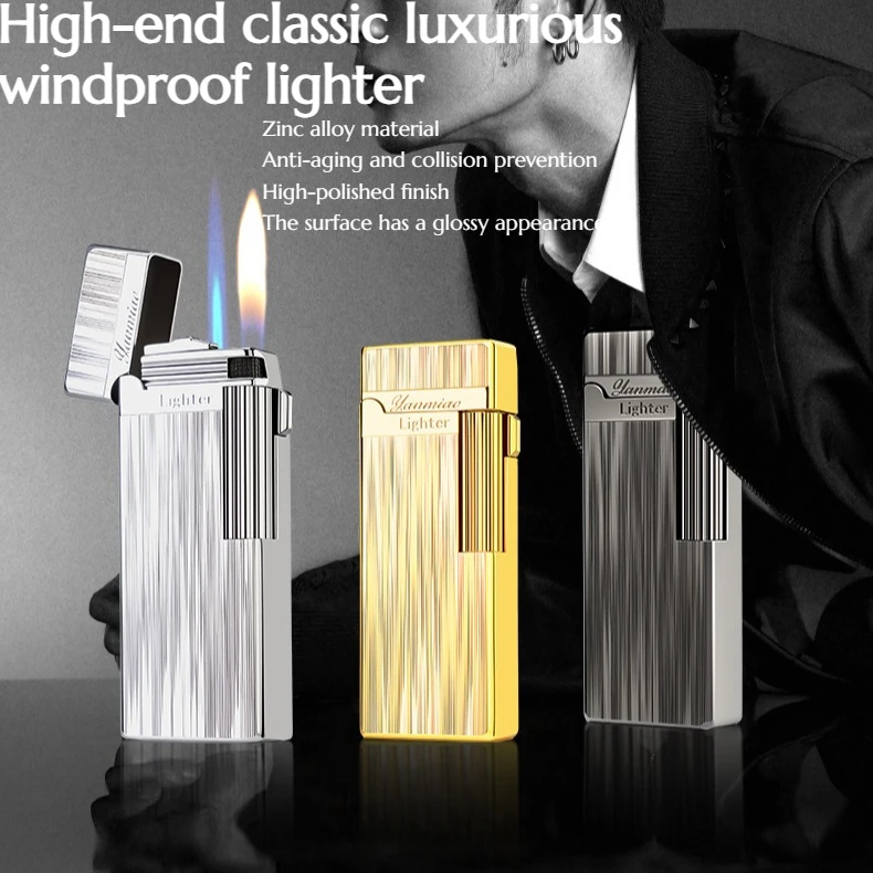 

High-end Sideslide Grinding Wheel Metal Inflatable Lighter Direct Contact Open Flame Narrow Version Lighter Cigarette Accessorie