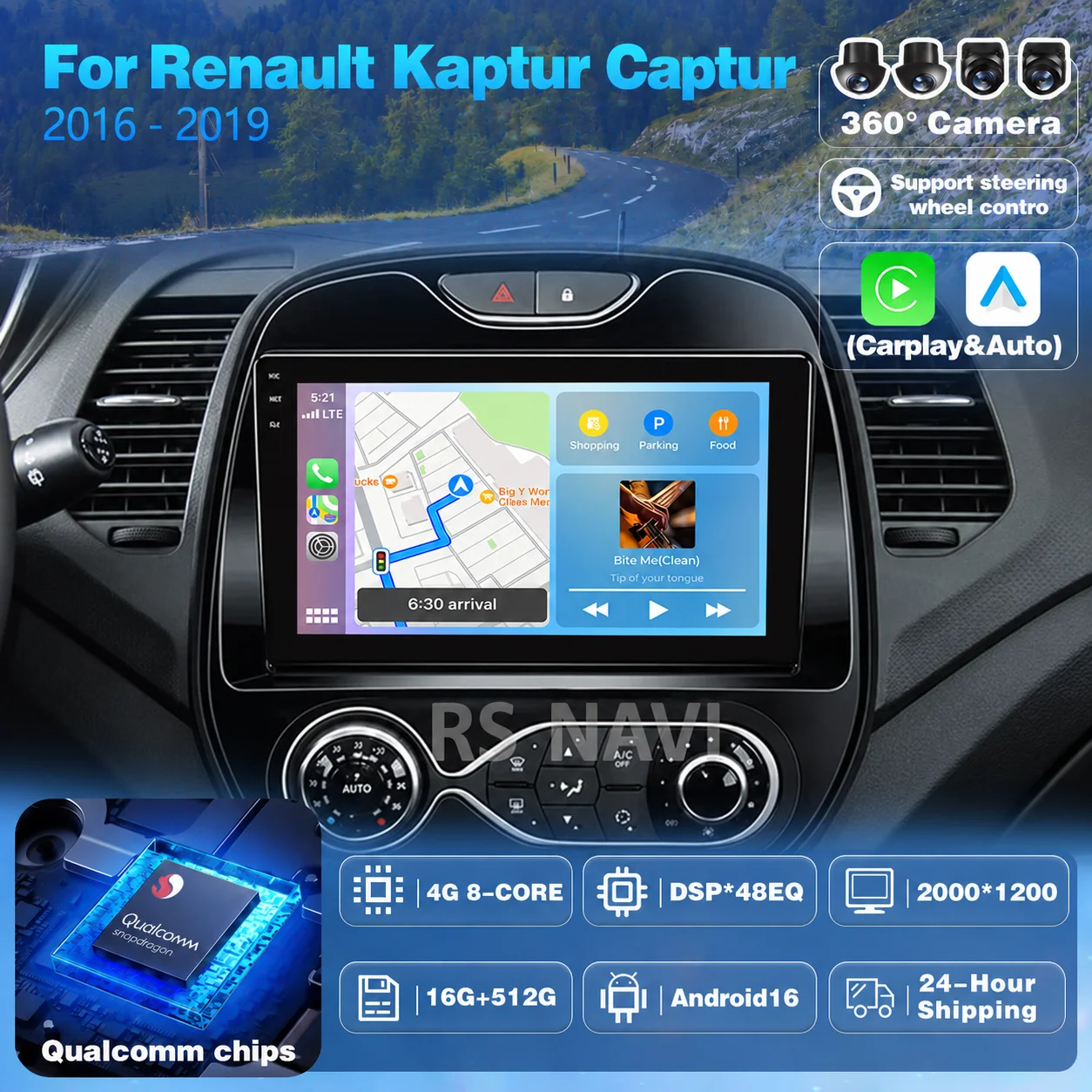 Plug and Play Android 16 Carplay Auto Car Radio Multimedia For Renault Kaptur Captur Clio Samsung QM3 2016-2019 Stereo Head Unit