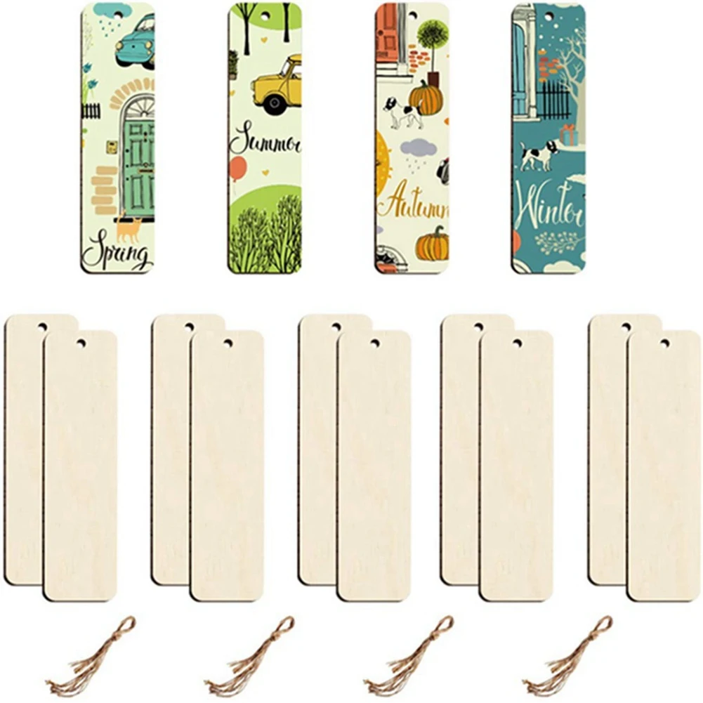 100Pcs Wooden DIY Bookmark Blank Bookmarks with Ropes Wooden Book Markers Rectangle Thin Hanging Tag