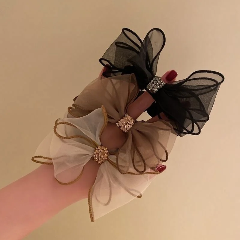 New Mesh Rhinestone Bow Hair Ties Scrunchies Women Girls Elastic Hair Bands Headwear Ribbon Bowknot Ponytail Hair Accessories