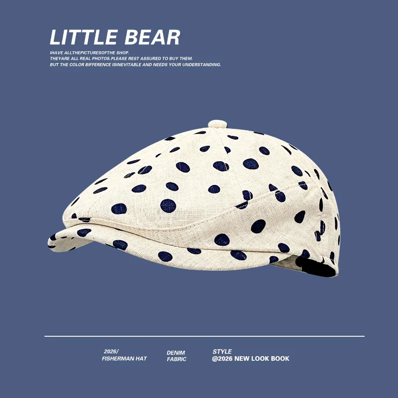 

Korean Retro Polka Dot Jacquard Short Brim Forward Hat Spring and Summer Literary British Sunshade Painter's Cap for Women's
