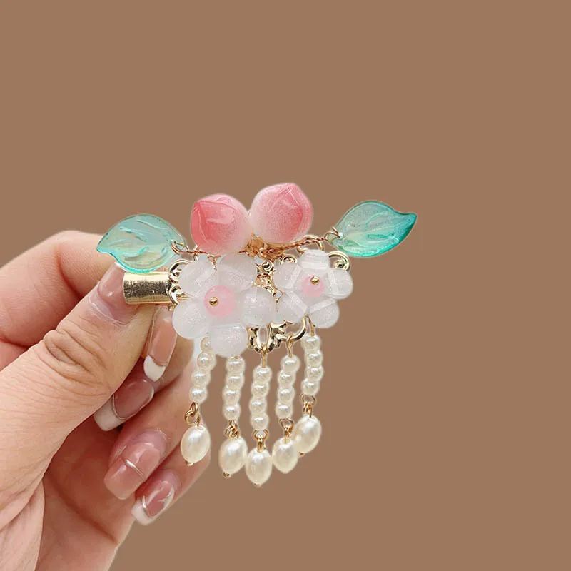 دبابيس شعر هانفو، دبابيس شعر على شكل زهرة الخوخ اللطيفة، إكسسوارات شعر بشرابة لؤلؤية على الطراز القديم للسيدات، مشابك جانبية، مشابك منقار البط #4