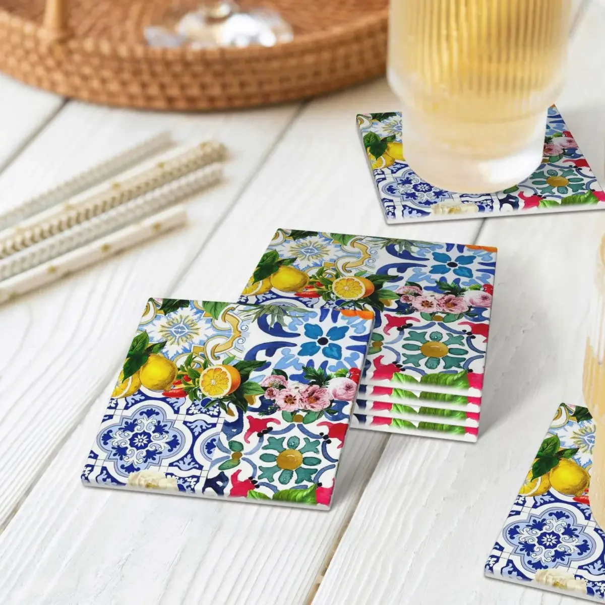 Sicilian Tiles,mediterranean,mosaic,lemons Coaster Ceramics Hot Pad Table Decoration Kitchen Table Placemats Coffee Mat