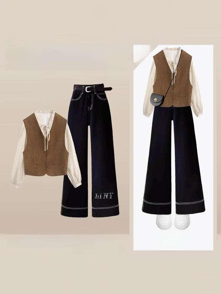 

Осенняя мода Художественный Sle Light Maturi Ретро жилет с перекрытием из шифона и высокой талией Тонкие широкие джинсы Футбольный комплект