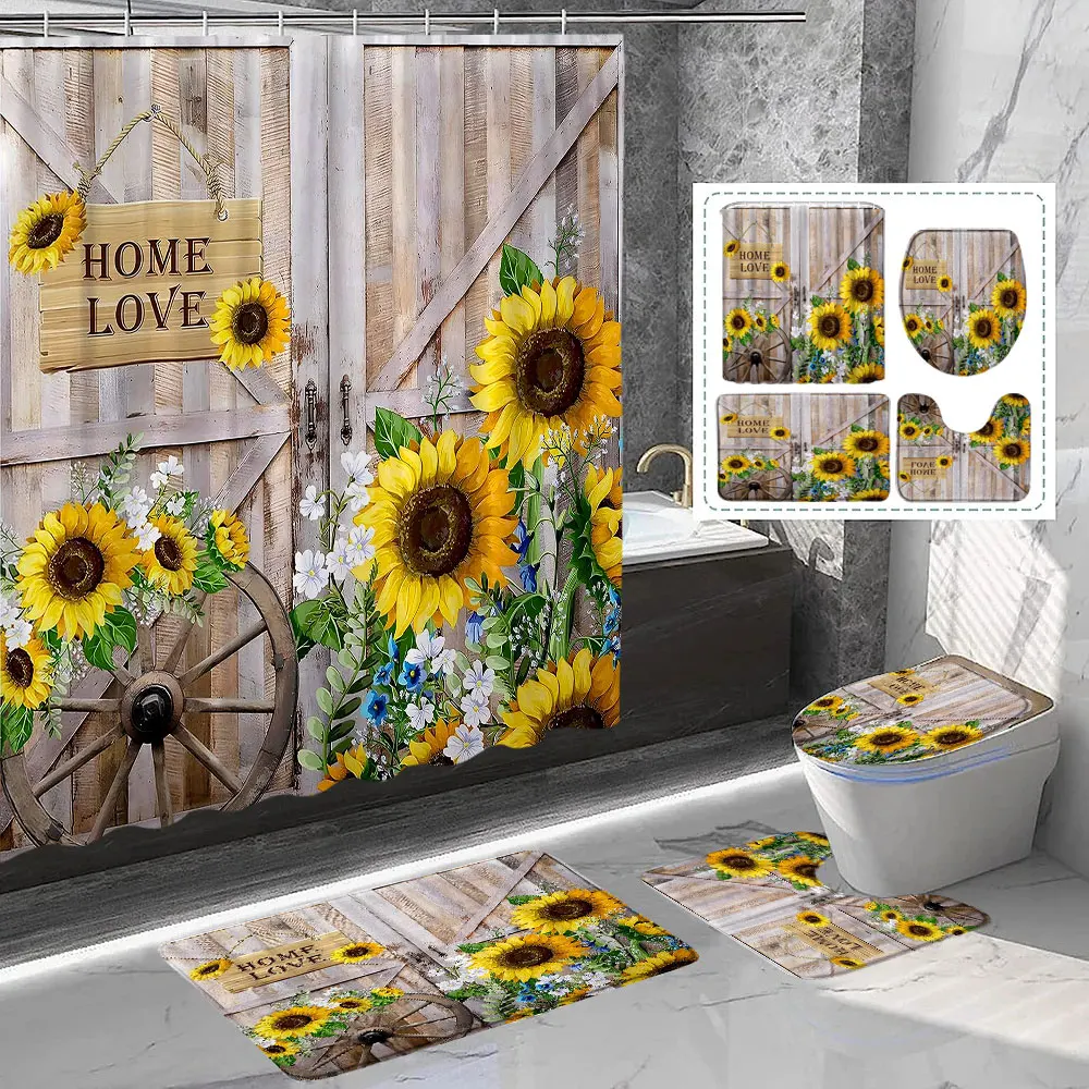 Sunflower Shower Curtain Rug Set Rustic Wooden Panel Vintage Floral Watercolour Botanical Shower Curtain Bath Mat Bathroom Decor