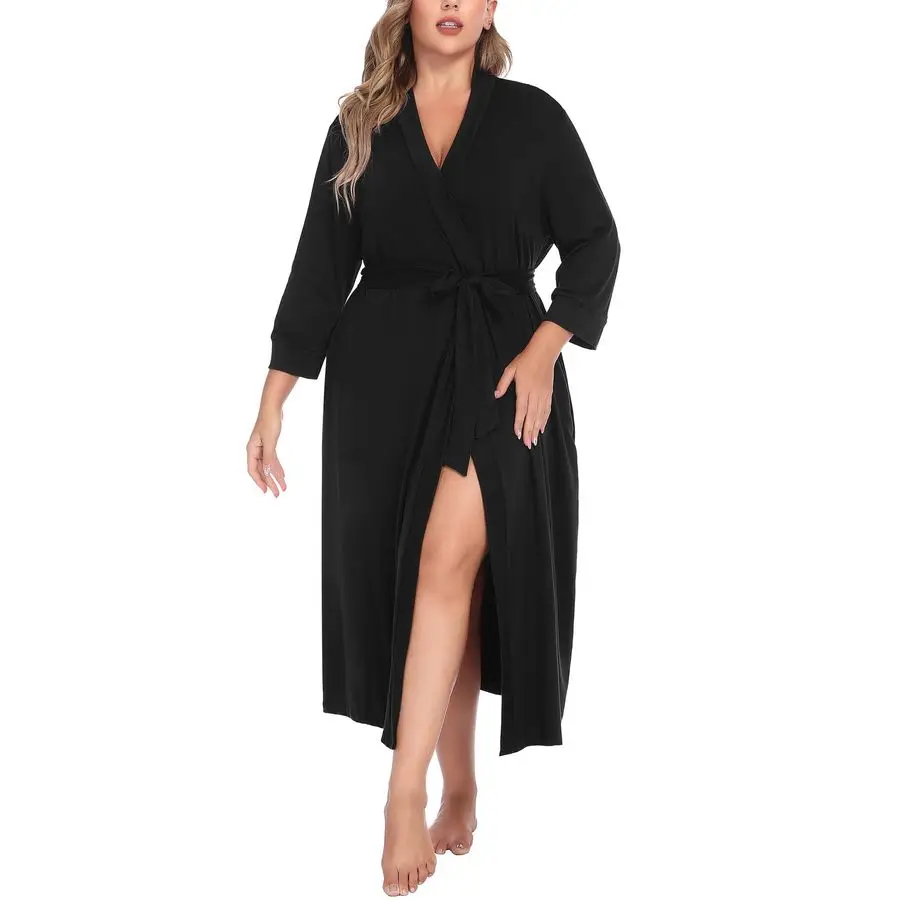 

Plus Size Kimono Robes Long Knit Bathrobe V Neck Ladies Loungewear Lightweight Soft Sleepwear 1X5X