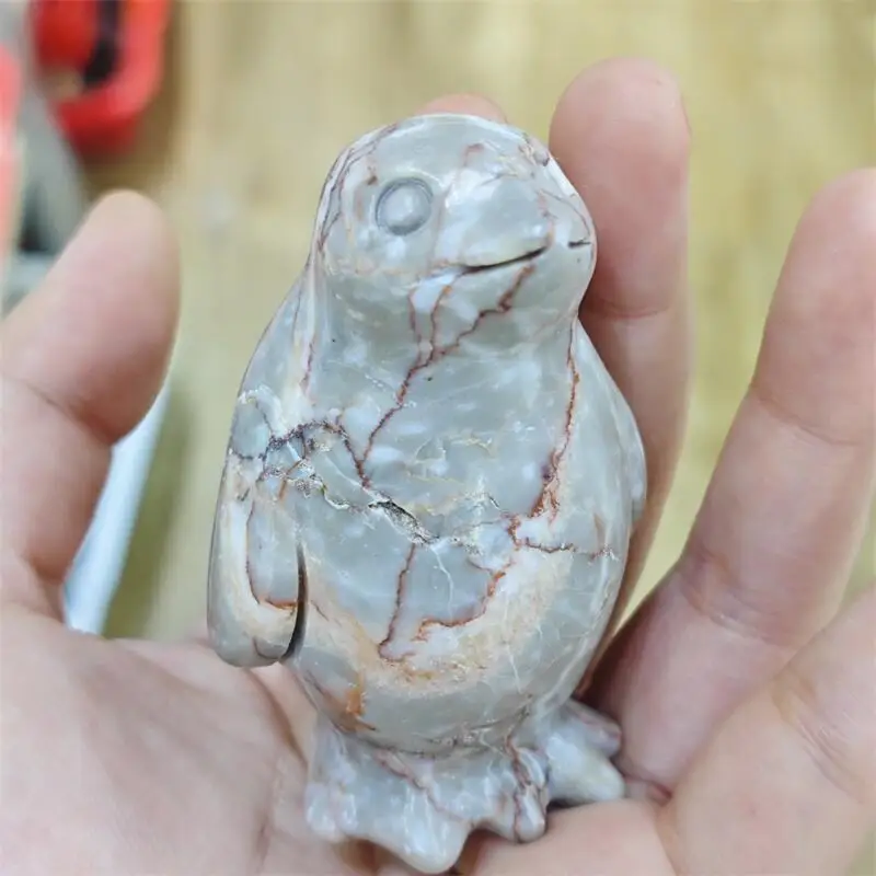 Natural Red Network Stone Penguin Crystal Love Healing Fengshui Stone Gemstones Home Decoration Holiday Gift 1PCS