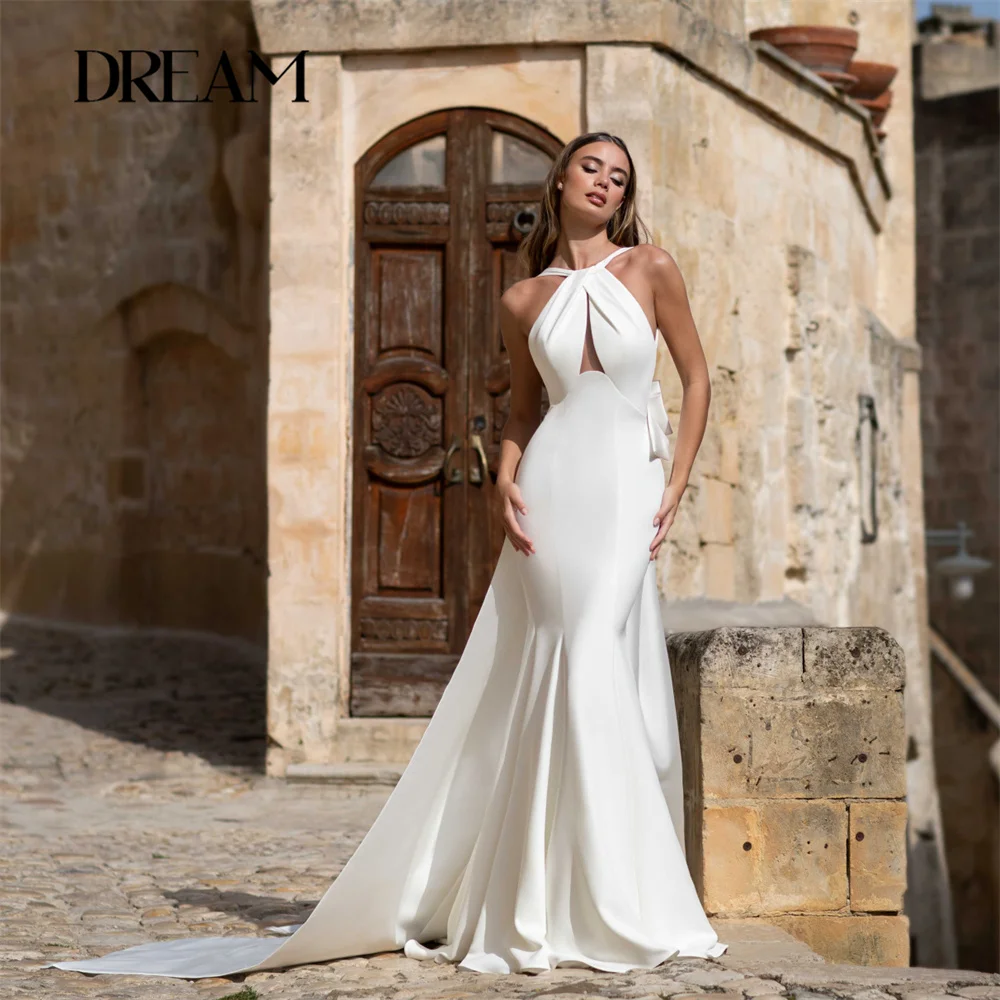 DREAM Sexy Hater Mermaid Pleat Wedding Dress Women 2025 Sleeveless Bow Open Back Bridal Gown Train Vestidos De Noiva Customized