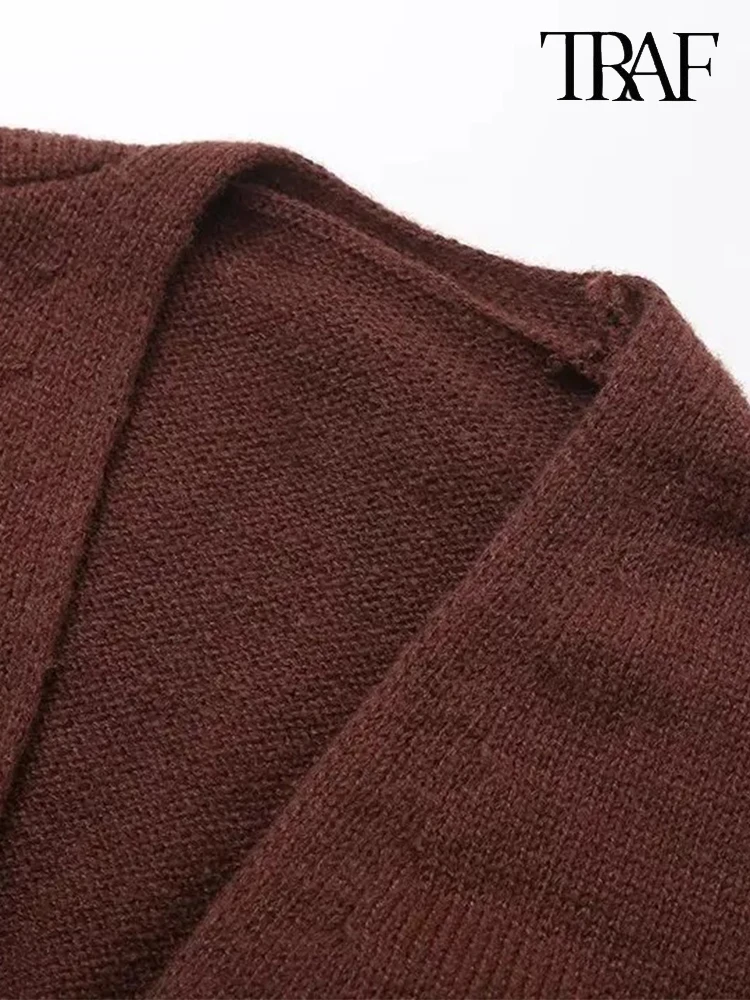 TRAF Women\'s Fashion 2024 Autumn Europe and the United States style solid color deep V-neck metal buttons knitted cardigan