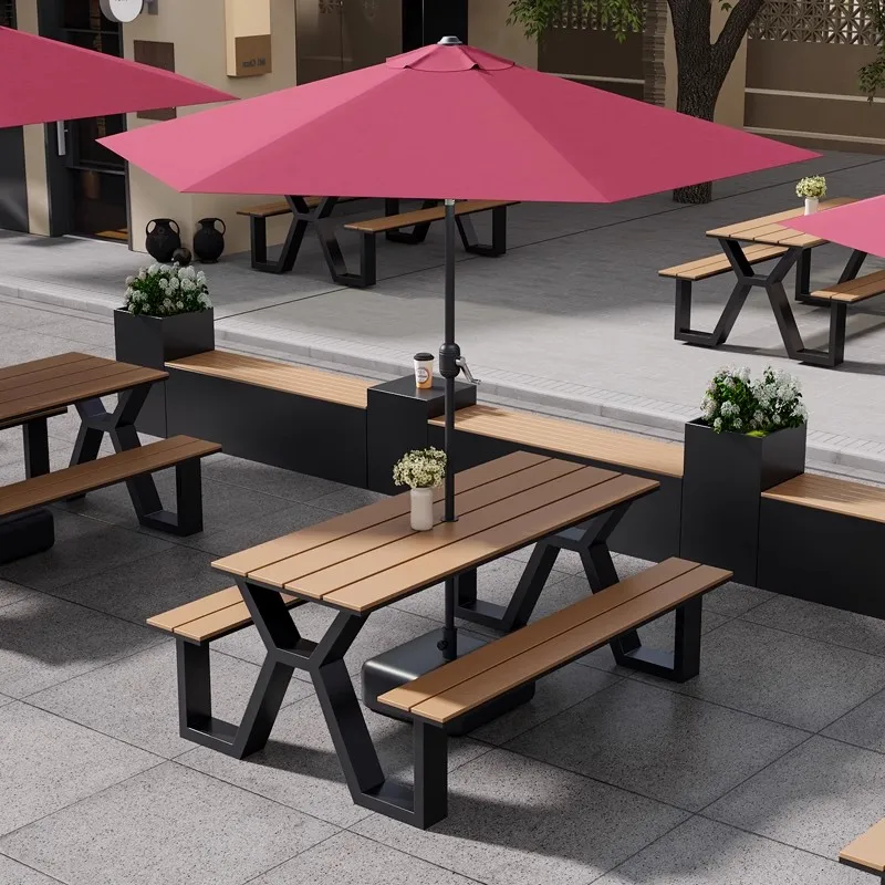 &Modern Comprehensive Outdoor Catering Set Metal Connected Benches Tables for Snack Chair Usage for Parks Open-Air Places Villas