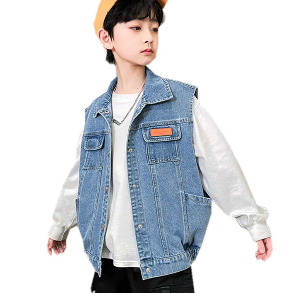 

Teens Boys Blue Denim Vest Kids Clothing Spring Autumn Casual Jeans Sleeveless Jacket Outerwear Teenager Tops Children Clothes