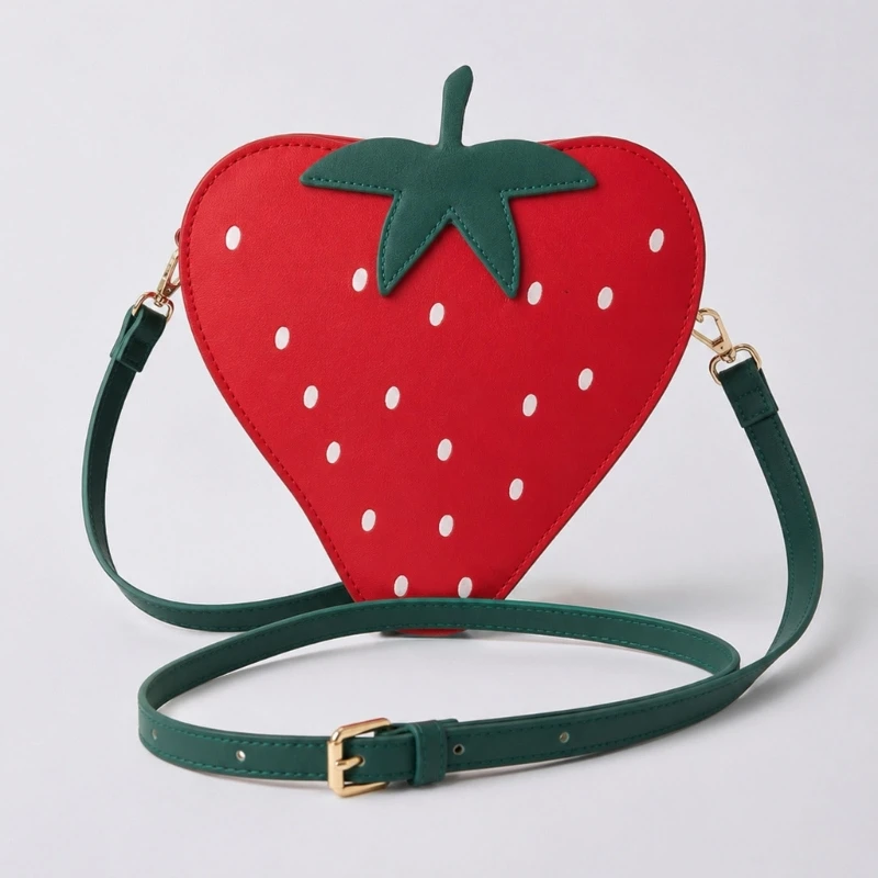 Women Lovely Strawberry Shoulder Bag Fruit Shaped Crossbody Bag with Adjustable Strap and Zipper Closure for Shopping Daily Use