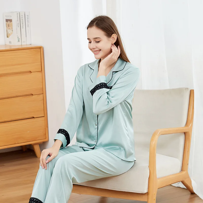 2025 New Ice Silk Long Sleeve Notched Lapel Cardigan Set - Pure Color High-End Home Wear for Summer