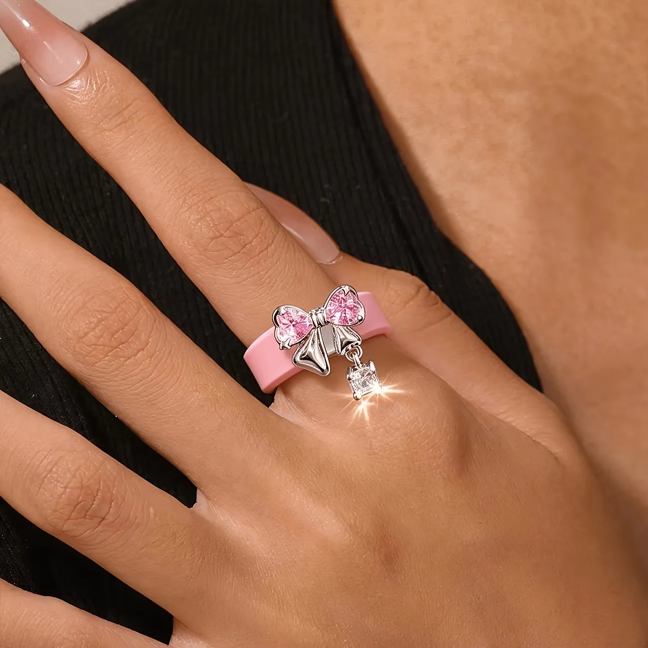 1PC 14K Gold-plated Pink Bow Silicone Ring, Designed Specifically For Women, Perfect For Daily Wear And Weddings