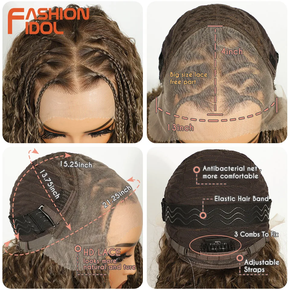 FASHION IDOL Twist Box Braided Lace Wigs Synthetic Brown 13X4 Lace Frontal Wigs For Black Women Goddess Faux Locs Braids Wigs view 6