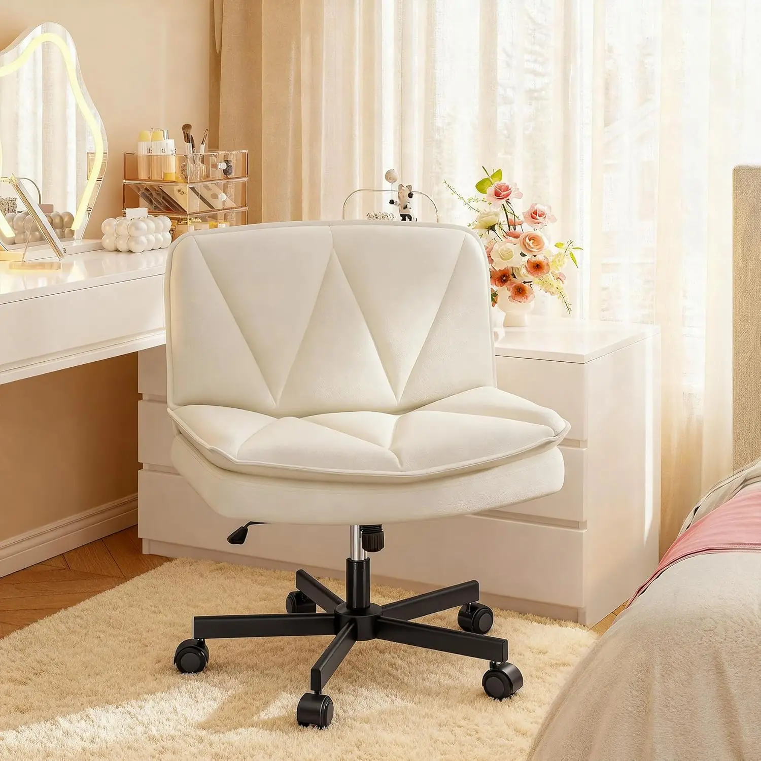 

Criss-Cross Armless Office Chair with Wheels, 2-Layer Leather Wide Seat, Back Support, Home Office Vanity, Beige, Customized