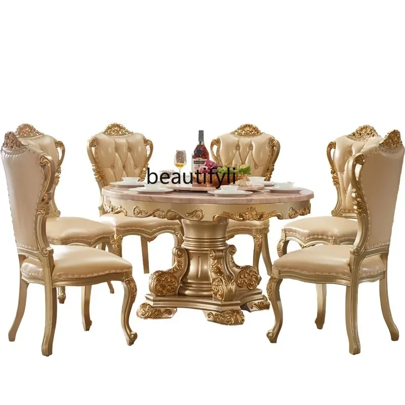 A38 European dining table and chairs household dining table with turntable marble solid wood round table gold