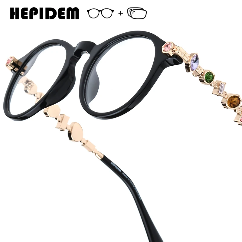HEPIDEM Progressive Prescription Glasses Custom Anti Blue Myopia Optical Lens Eyewear Women Acetate Round Eyeglasses 9408