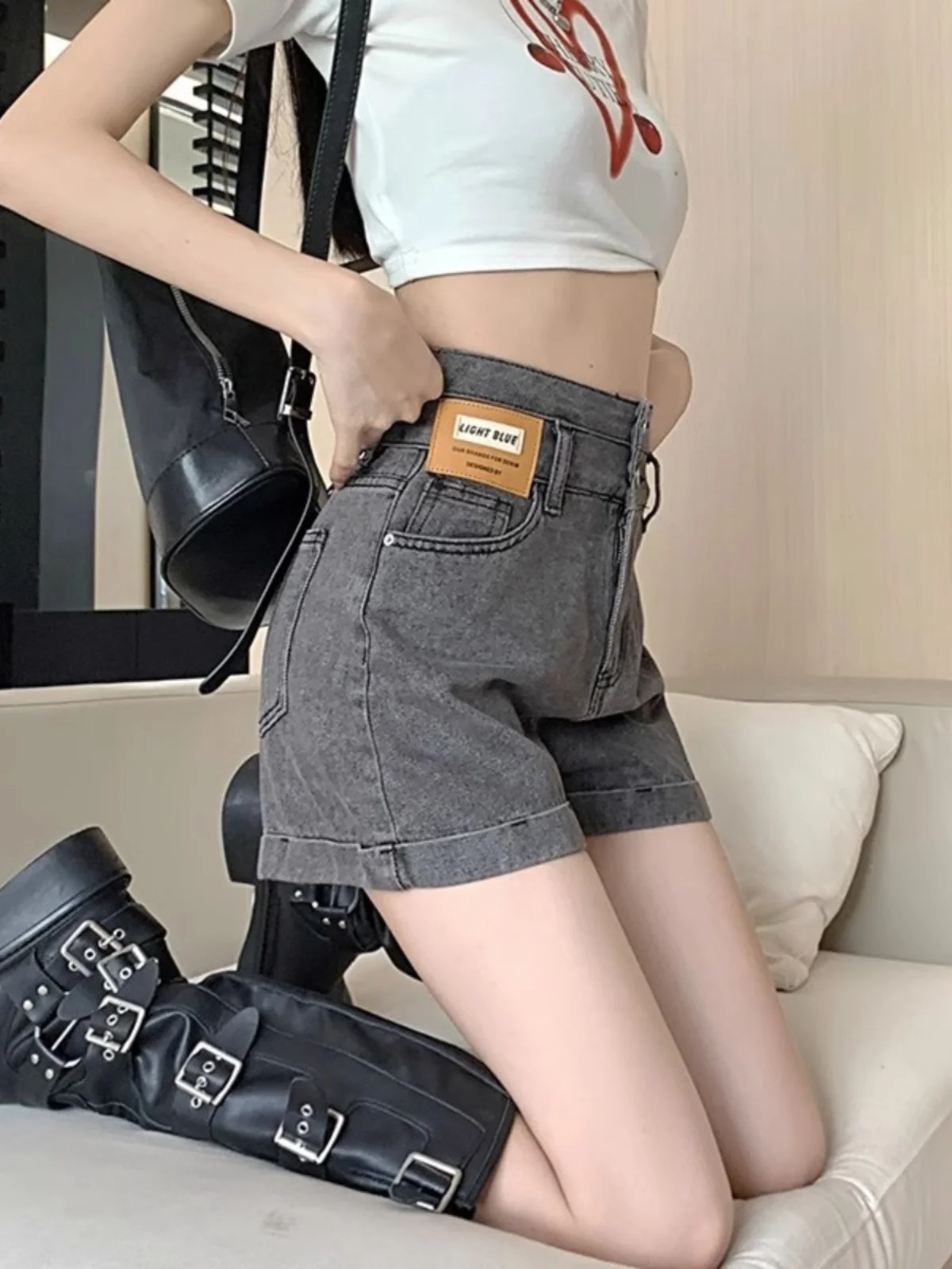 

Летние тонкие джинсовые брюки большого размера для похудения, женские свободные брюки с высокой талией и манжетами, маленькие прямые широкие брюки трапециевидной формы