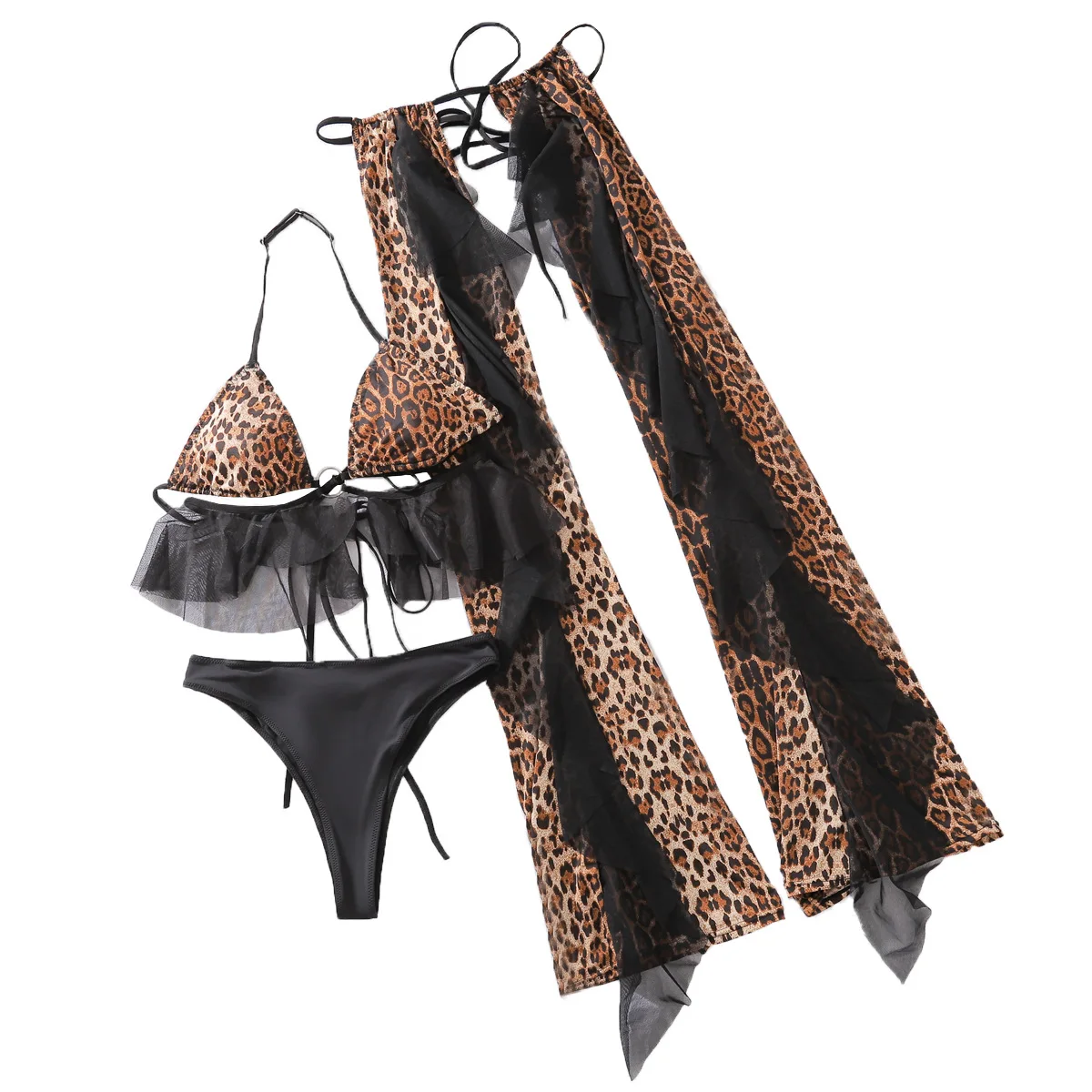 Streetwear Fashion Lepard Lingerie Sets Female Halter Backless Bra+Thongs+Long Pants Ins Mesh Retro Underwear Suits