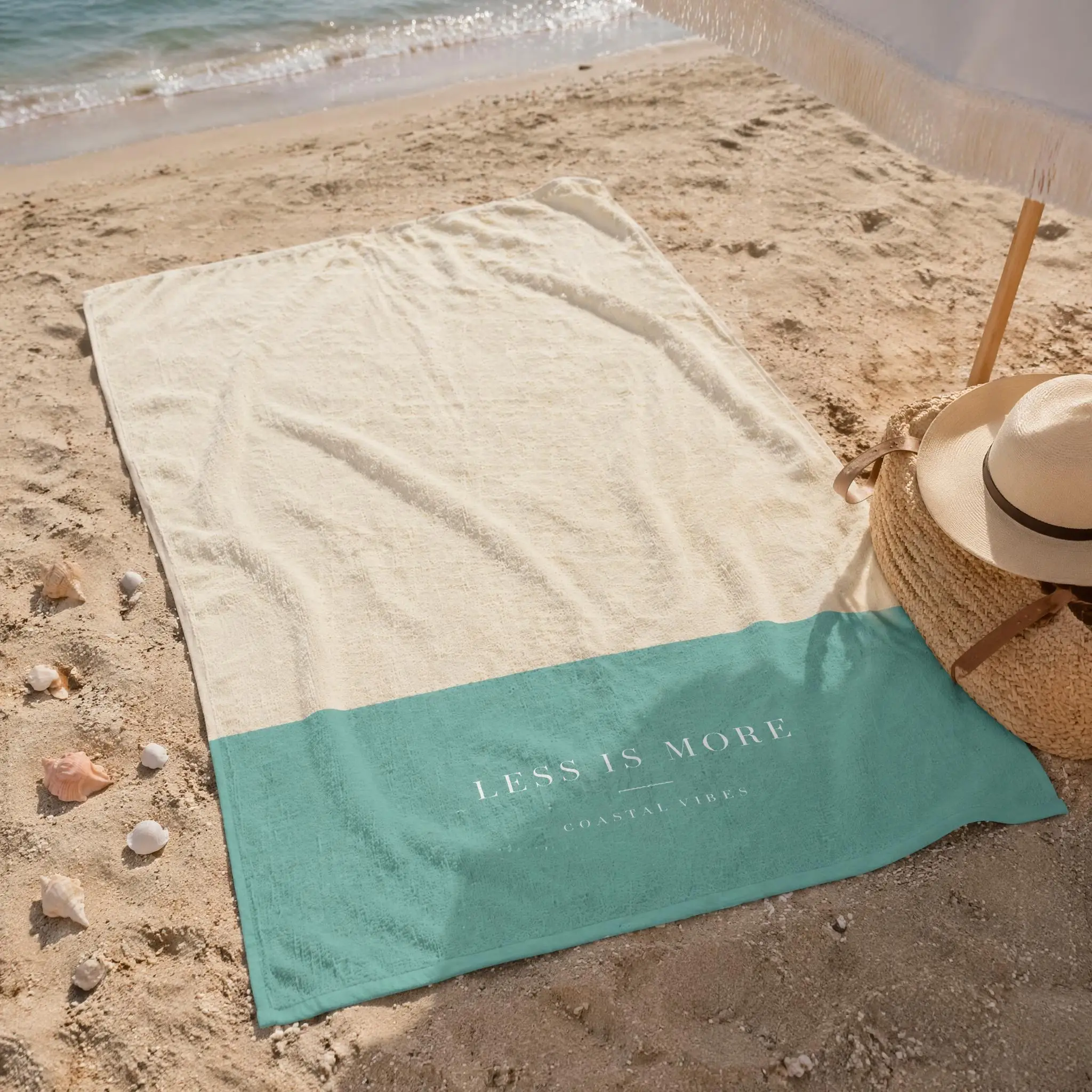 Less Is More Coastal Vibes Toalla de Playa Bicolor Crema y Verde Azulado, Manta de Playa Minimalista Neutral Absorbente para Verano, Playa y Piscina