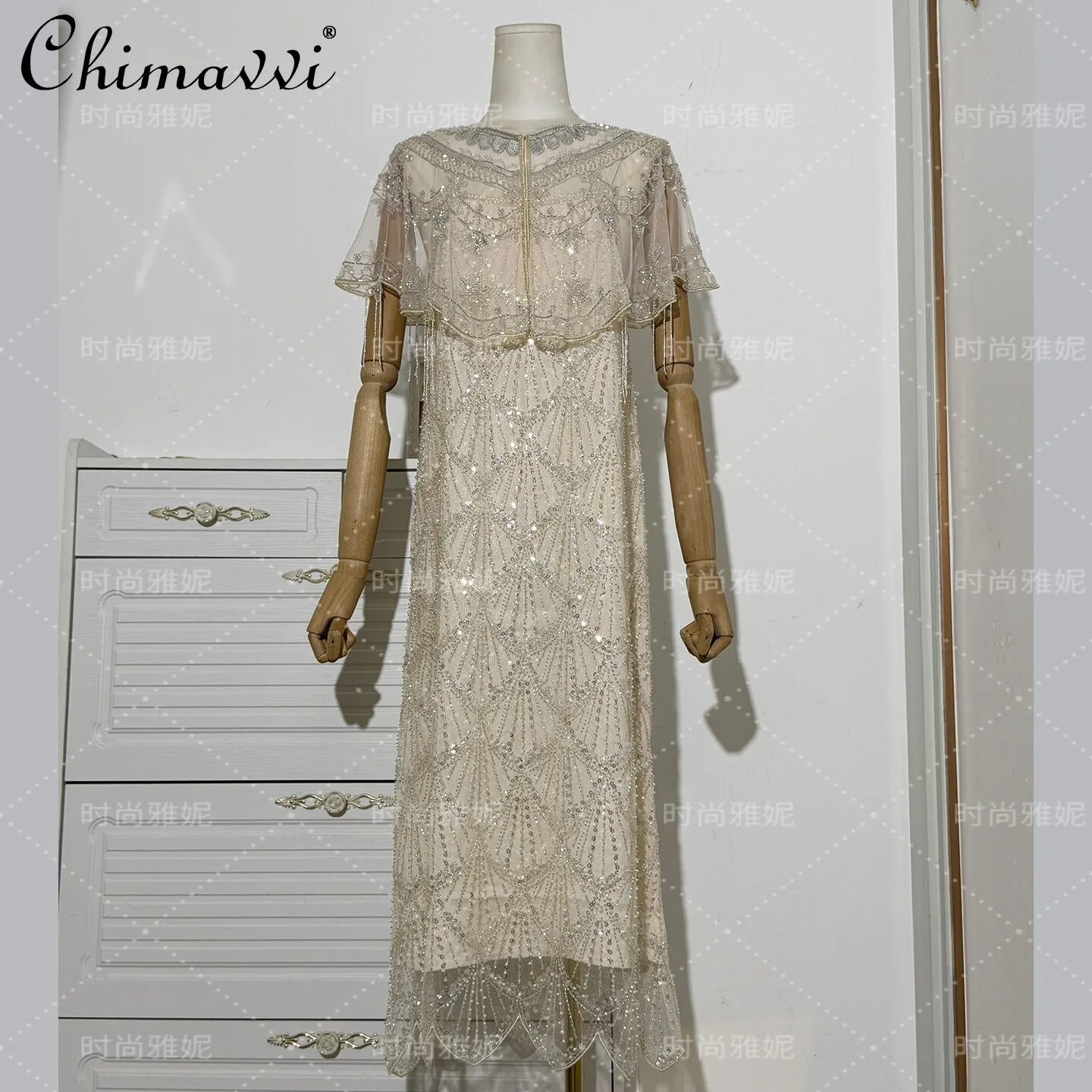 

Fashion Luxurious Sequined Lace Mesh Shawl Women's Beaded Round Neck Camisole Dress 2026 Summer New Elegant Women's Dress Set