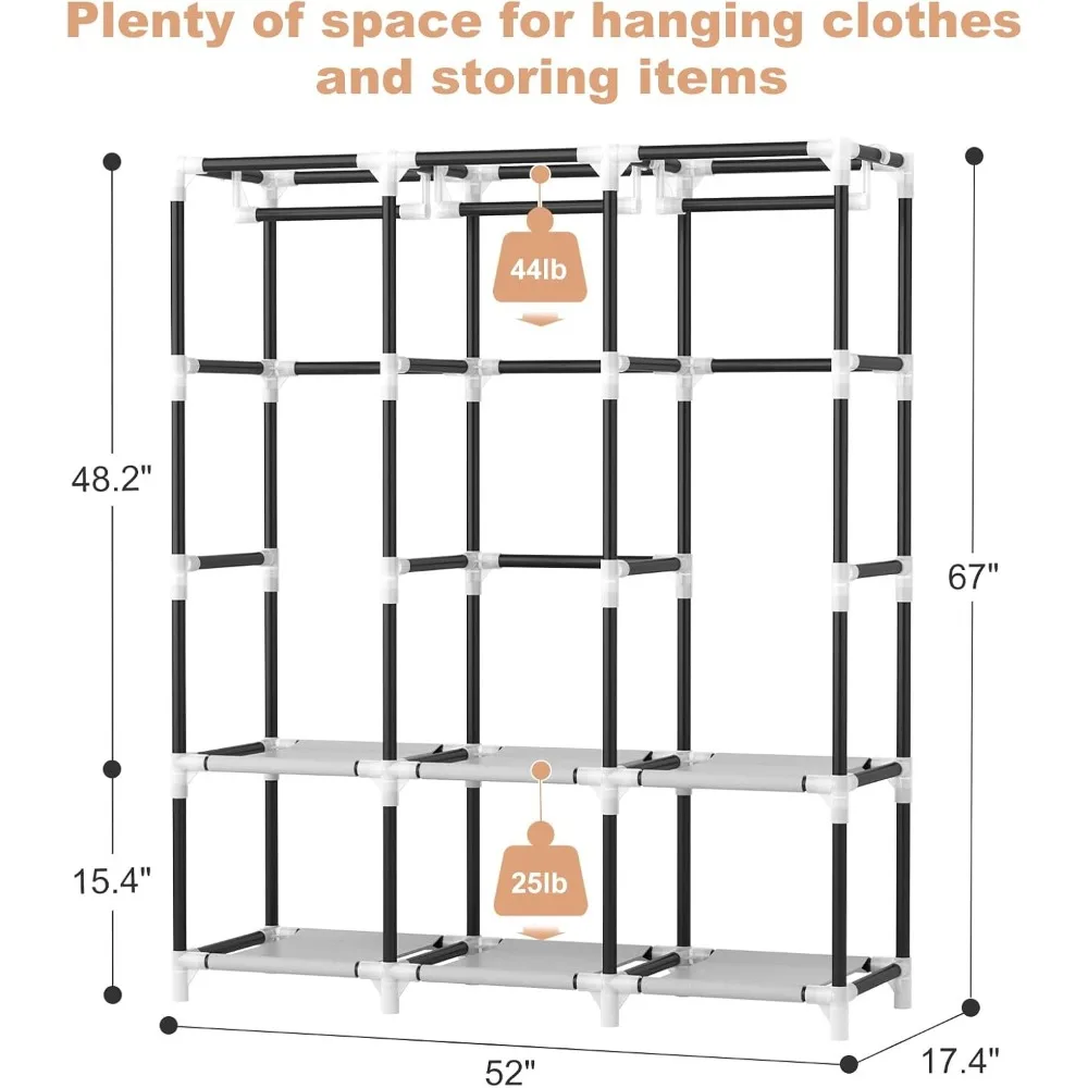 Cloth Wardrobe Clothes Closet with Cover, 3 Hanging Rods, 6 Storage Shelves and Side Pockets, Cloth Wardrobe