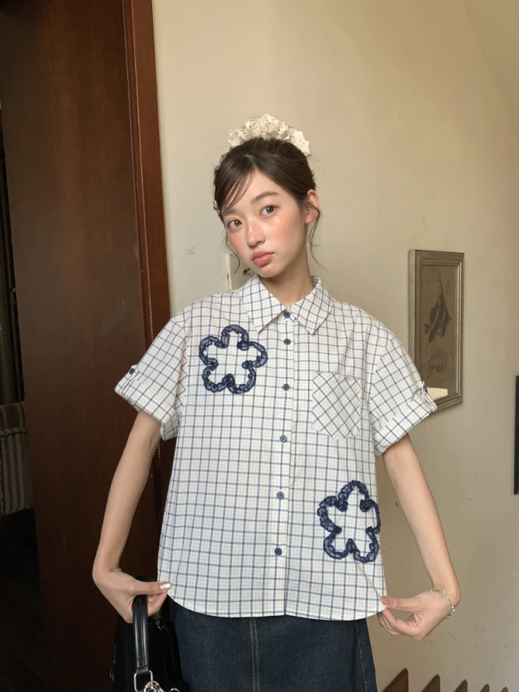 

Summer New Sle Women's Plaid irt Floral Embroidery ort Sve Cotton Pure Fabric Loose Fit Button up Classic Collar