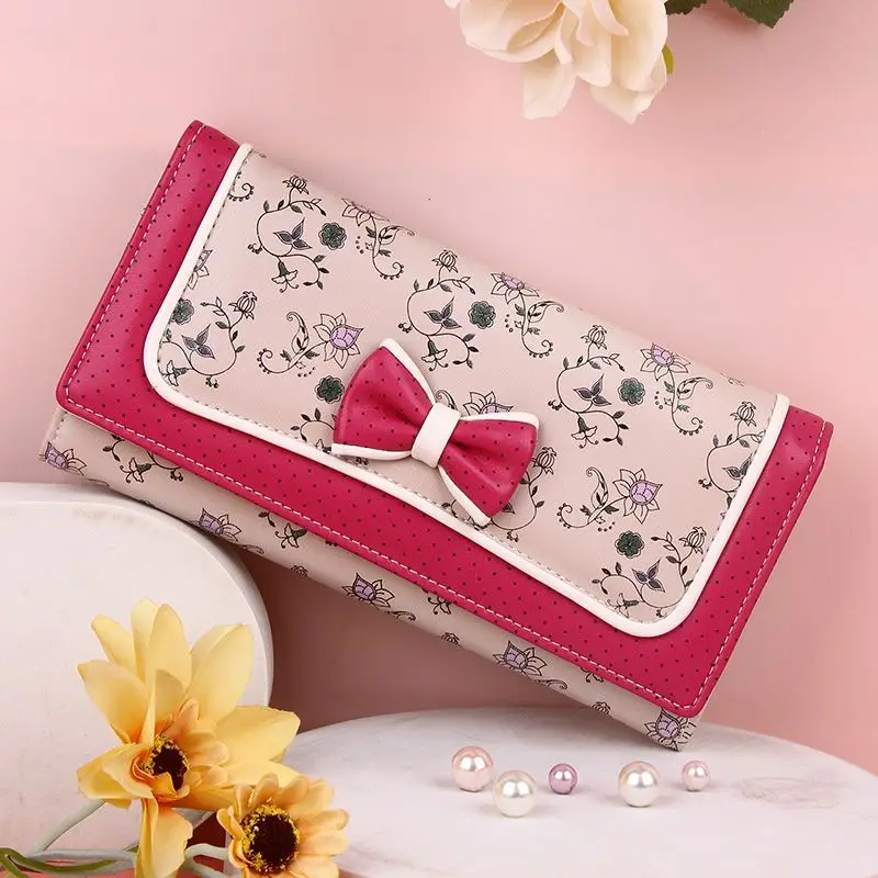 محفظة لوليتا اليابانية للسيدات كاجوال طويلة ذات سعة كبيرة بفيونكة ثلاثية الطي حقائب بطاقات حلوة لطيفة للفتيات