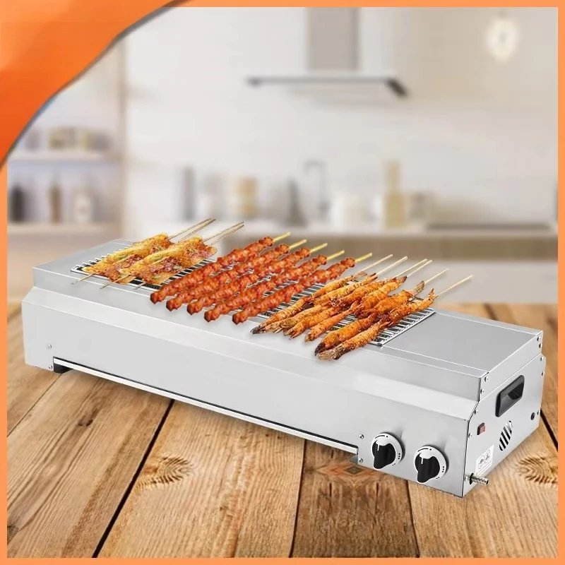 Cross-border Exclusive Commercial Stainless Steel Gas Grill Smokeless Skewer Machine for Oyster Gluten & Chicken Wing Grilling