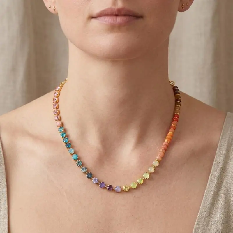 Böhmischer Stil Naturstein Perlen-Halskette mit Farbverlauf, Damenmode-Halskette, Perlen-Zirkon-Halskette, Schmuck-Accessoires – Detail 4