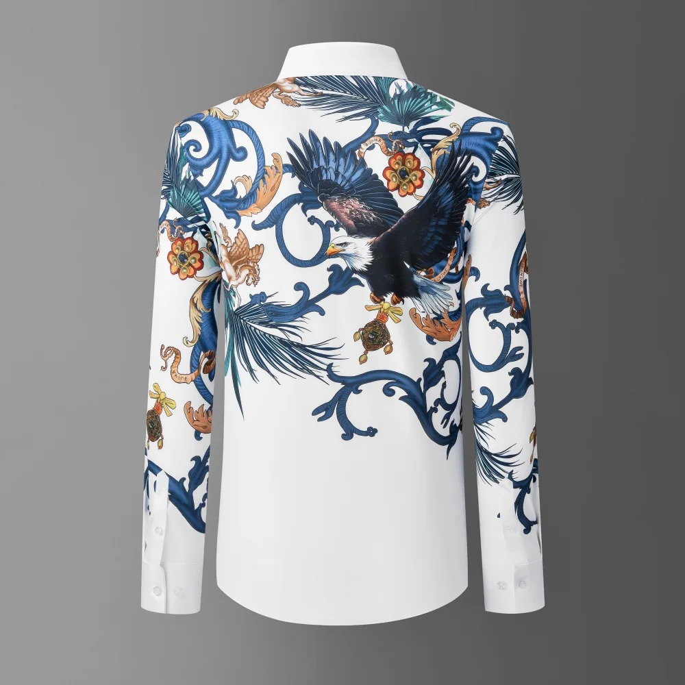 Brand Retro Printed Men's Shirt High End Rhinestones Long Sleeve Casual Shirts Slim Business Social Banquet Party Dress Shirt
