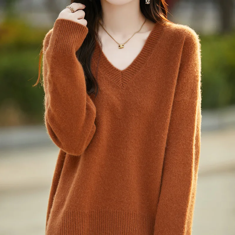 2024 autumn and winter new women's knitted V-neck 100% pure wool casual versatile wool sweater looks slim