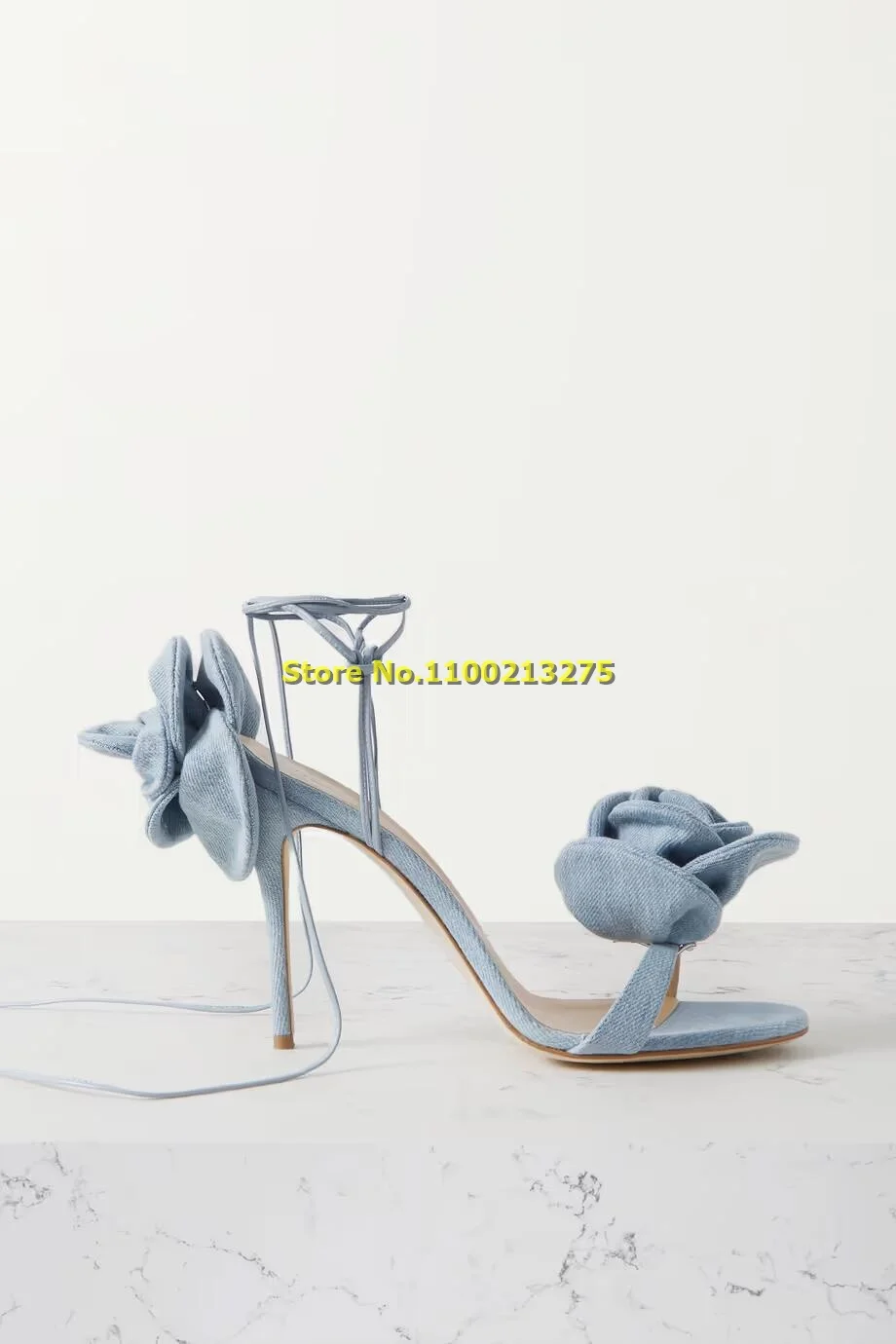 

Denim Blue Flower Lace Up Sandals Stiletto High Heel Open Toe Ankle Strap 2024 New Arrivals Fashion Women Sandals