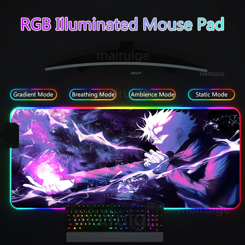 jujutsu kaisen rgb led backlight mouse pad anime mousepad tapete do rato grande gojo satoru acessorios de jogos teclado yuji tapetes mesa 01