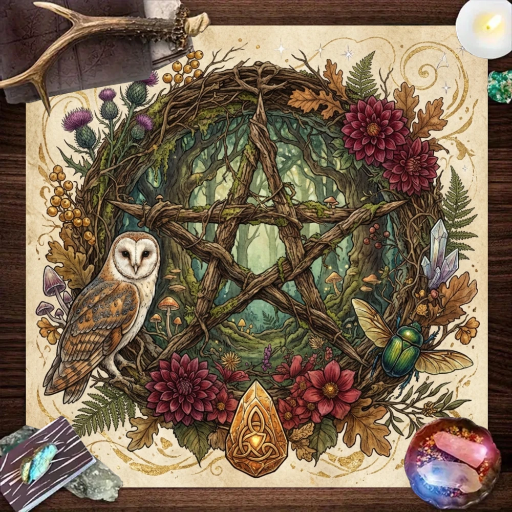 2D Printed Retro Mystic Witch‑Forest Tablecloth, Vine, Pentagram, Owl, Floral Forest, Crystal, Celtic Knot Motifs, Crystal Ball
