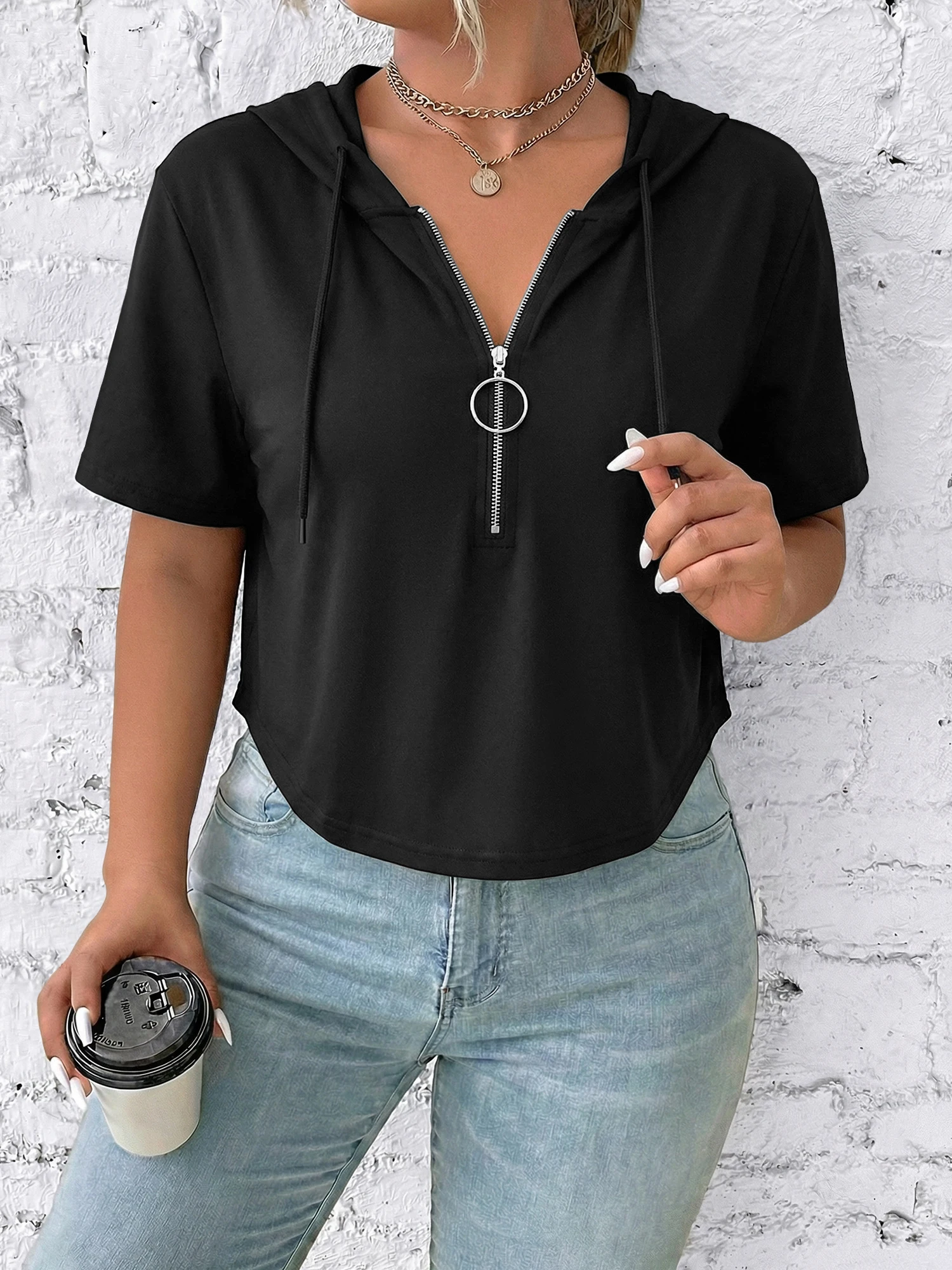 Women Trendy Ring Pull Half Zipper Short Sleeve Hoodie Curved Hem Cropped Top Drawstring Hood Loose Summer Street Blouse Shirts