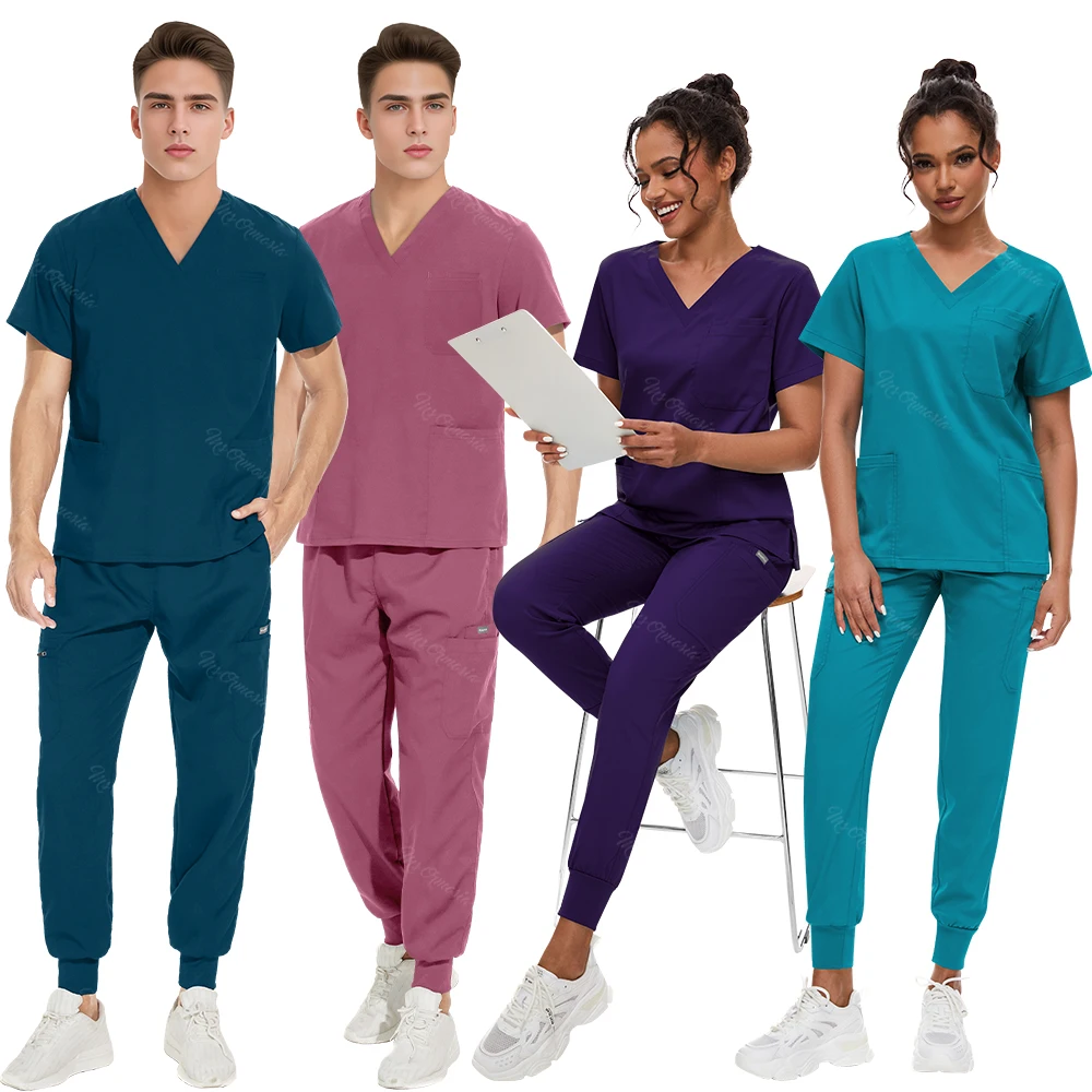 High Quality Uniforme Medical Nurse Uniforms Scrub Set Women and Men's Modern V-Neck Top and Pant Hospital Workwear Doctor Suits