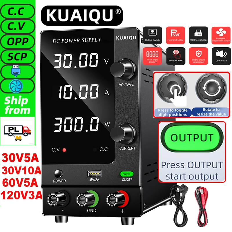 KUAIQU Labor-Netzteil 30V 10A 60V 5A Geregelte Stromversorgung Einstellbarer Spannungsregler Voreingestellter Strom 120V 3A