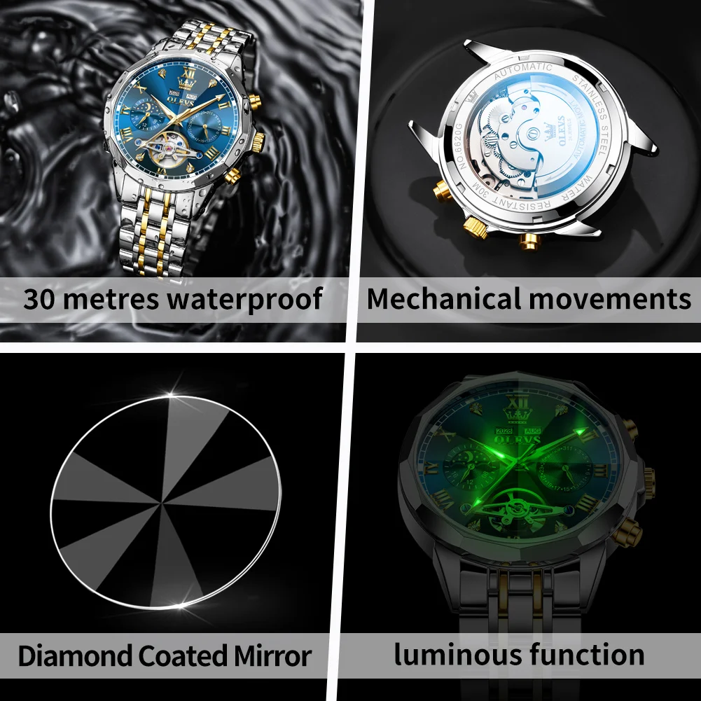 OLEVS 6620 นาฬิกาผู้ชายแบรนด์หรูนาฬิกากลไกอัตโนมัตินาฬิกากันน้ํา Moonphase นาฬิกา Flywheel นาฬิกาผู้ชาย Reloj Hombre