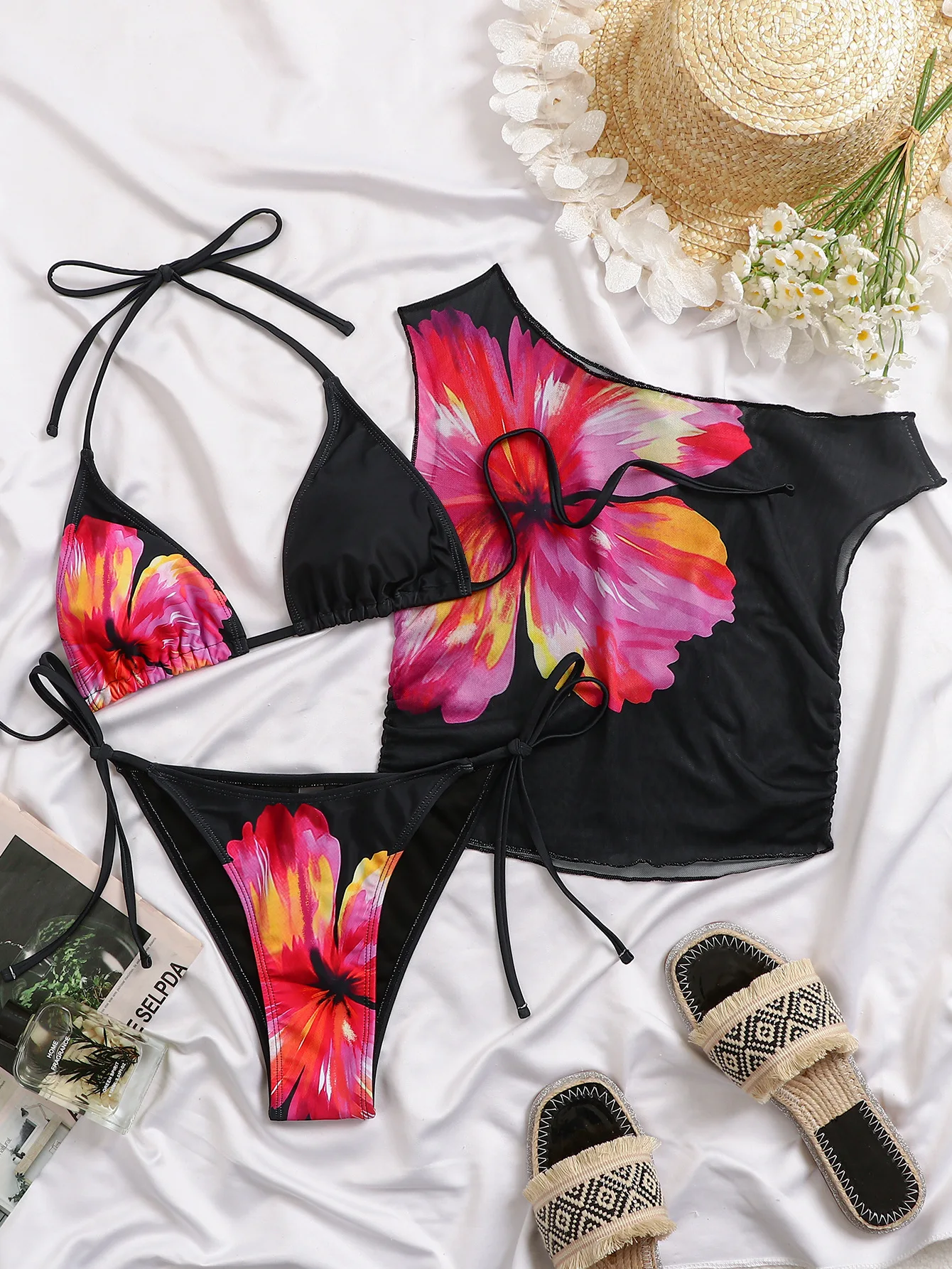 

sexy big flower print halter tie bikinis sets 3pcs with mesh cover smock swimsuits bathing suit beach outfits biquini tankini