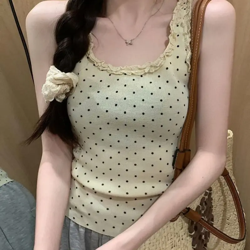 

New Summer Age-reducing Slim Fit Short Outerwear Suspender Top Sweet Style Lace Splicing Polka Dot Vest for Women