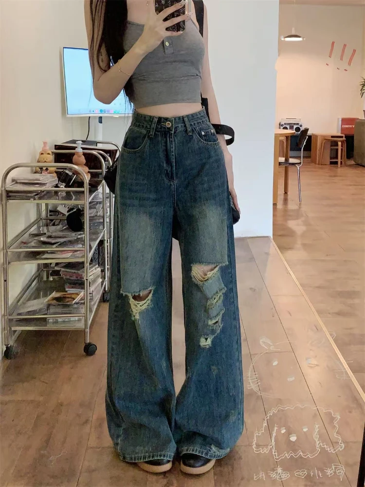 

Women's Fashion Trendy Vintage Hole Design Loose Wide Leg Pants Spring Autumn Season High Waist Straight Leg Denim Jeans