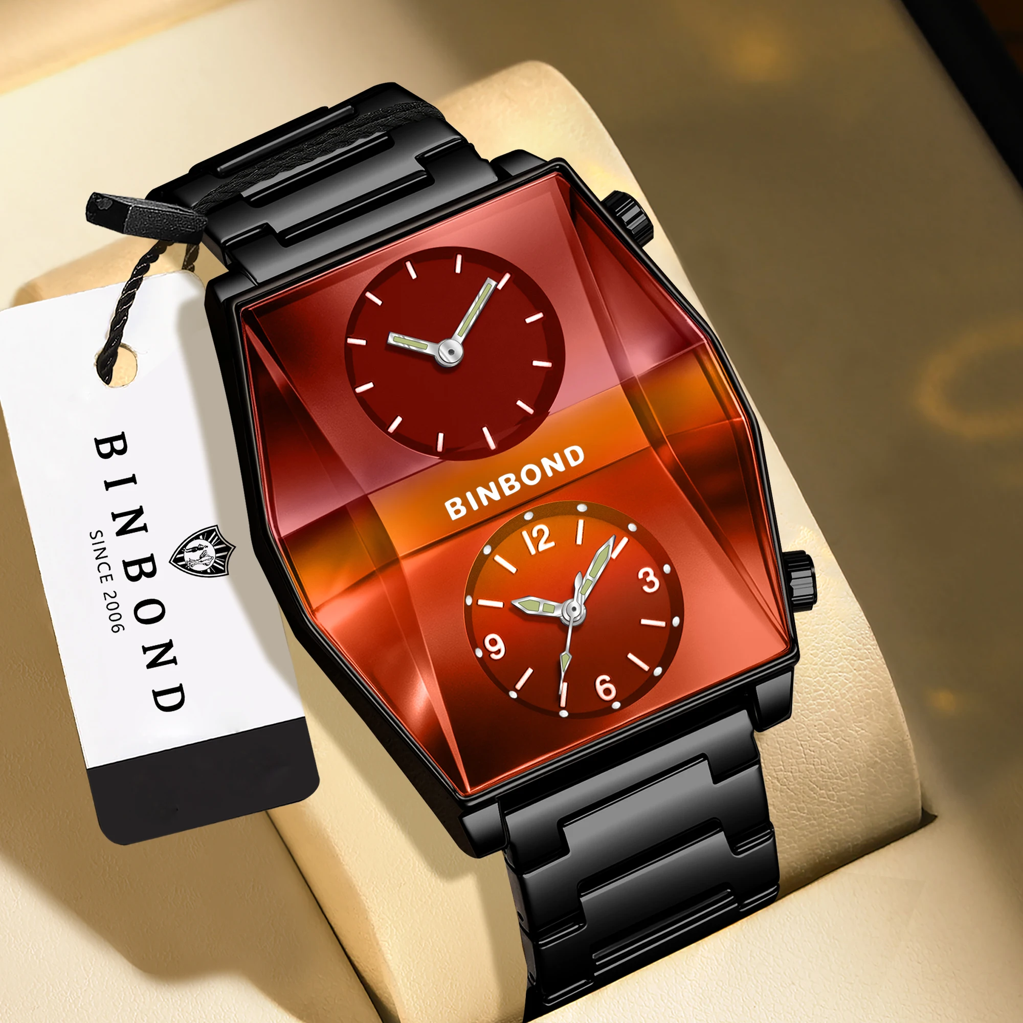 BINBOND Quartz Man Watch Original Double Movement Men's Watches Luxury Waterproof Luminous Stainless Steel Wristwatches For Men