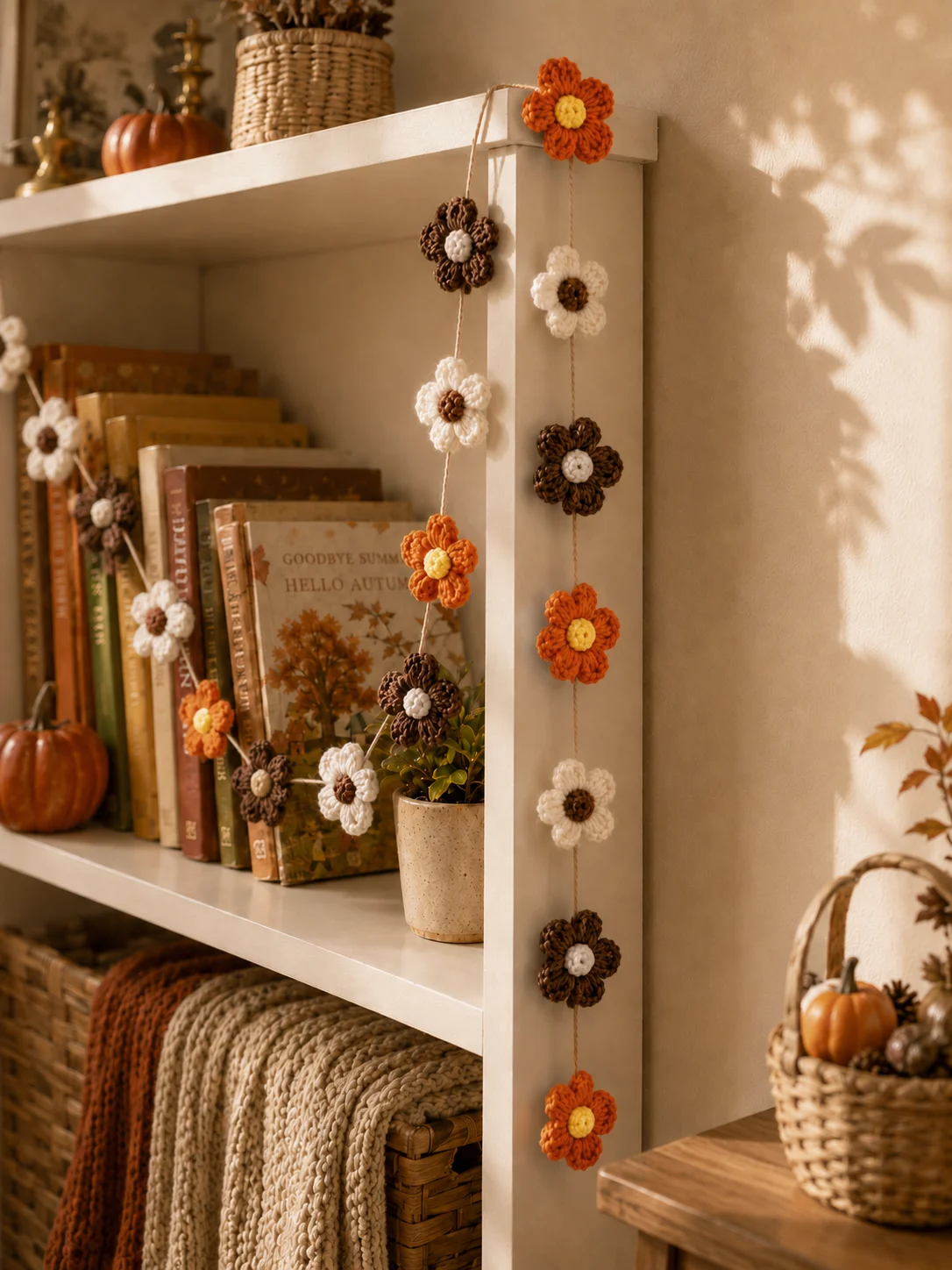Handmade Crochet Flower Garland Fall Autumn Floral Banner Rustic Wall Hanging Ornament for Mantel Shelf Thanksgiving Home Decor