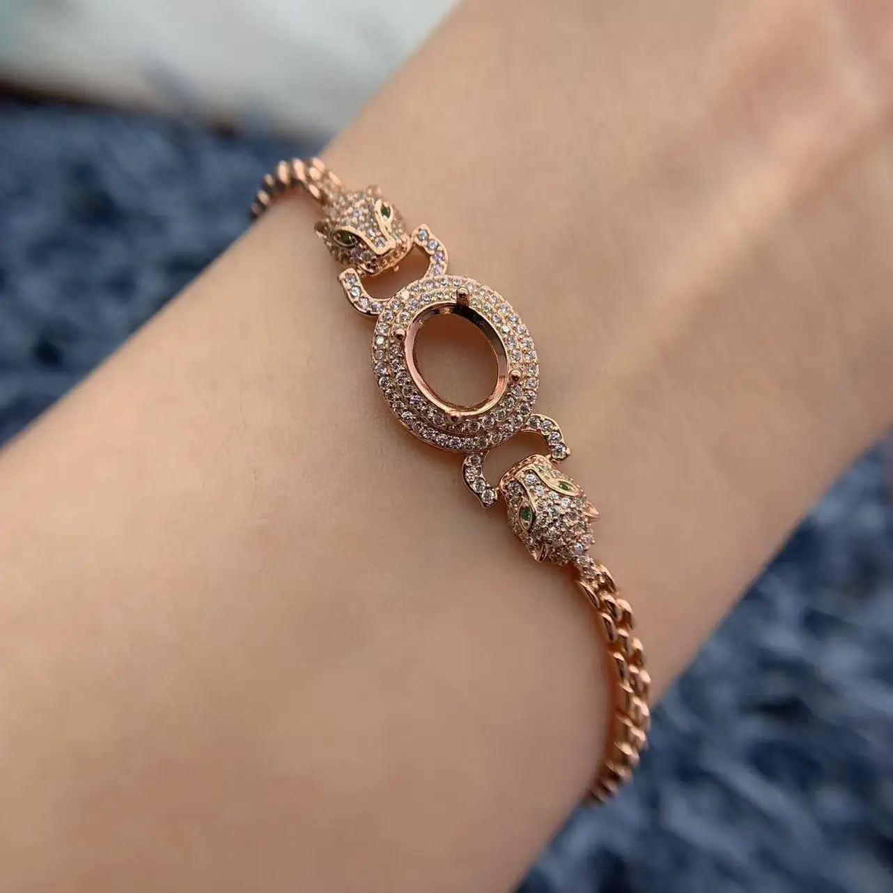 MeiBaPJ Inlay 8*10mm Oval Stone S925 Sterling Silver DIY Empty Bracelet Holder Leopard Head Women Fine Charm Weddings Jewelry