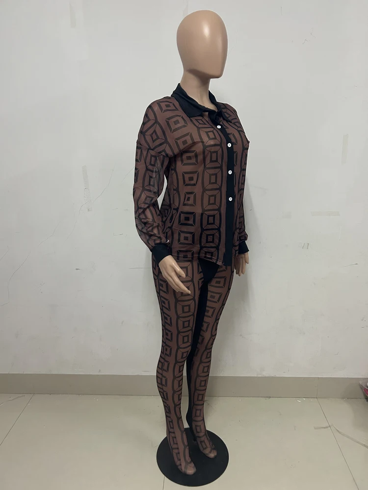 Sexy Mesh See Through Women 2 Piece Outfit Sets 2025 New Female Streetwear Clothing Long Sleeve Crop Top and Skiny Pants Suits