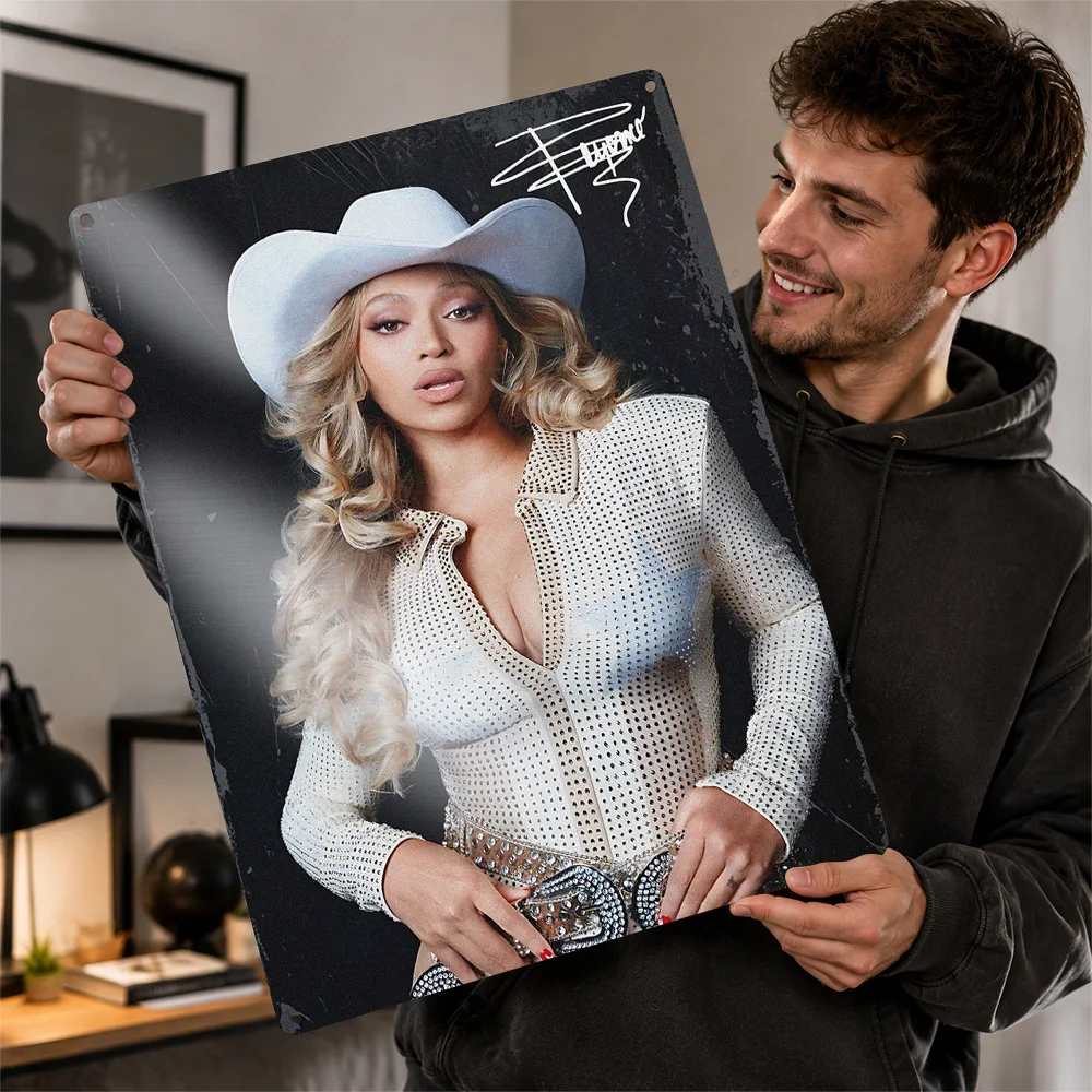Beyoncé Cowboy Rhinestone Portrait Printed Poster Customized Metal Sign Chart Topper Style Wall Art For Listening Lounge Decor