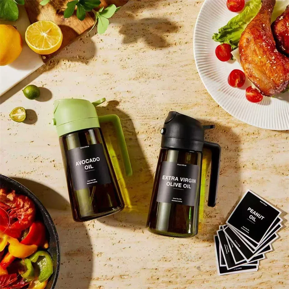 16oz 470ml 2 in 1 Glass Olive Oil Sprayer Dispenser Dark Green Spray and Pour Oil Bottle with Stickers for Cooking Baking