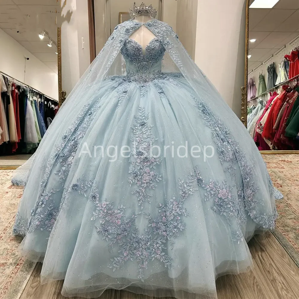 Angels bridep hellblaues Ballkleid Quince anera Kleider 2025 mit Glitzer Tüll Applikationen Cape Party Kleid Vestido de Quinceañera